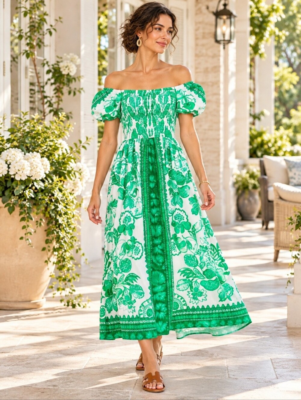 Umgee Sherrie Green Floral Smocked Puff Sleeve Maxi Dress NWT M L